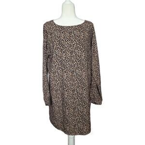 Womens Loft Leopard Print Long Sleeve Dress Size Large Midi Button Sleeve